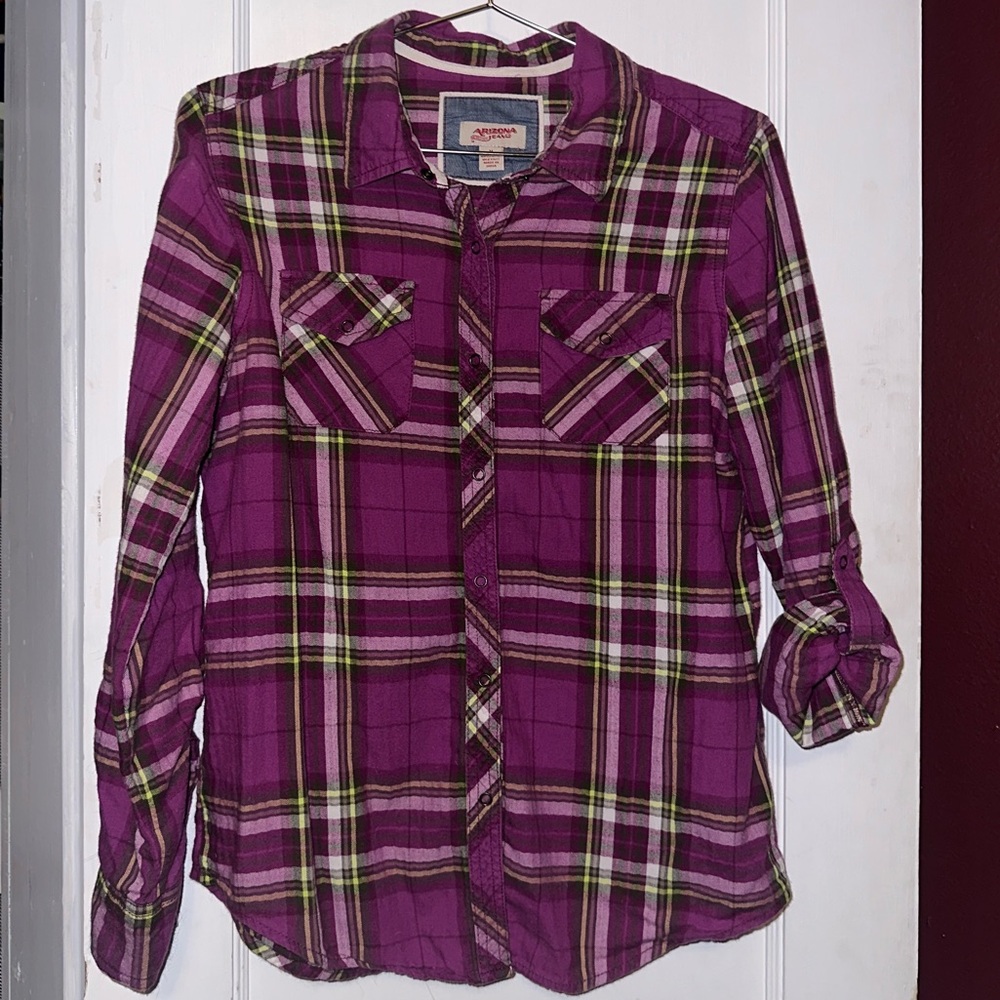 Arizona Jeans Co Purple and Green Women’s Plaid Button Down Shirt - Medium